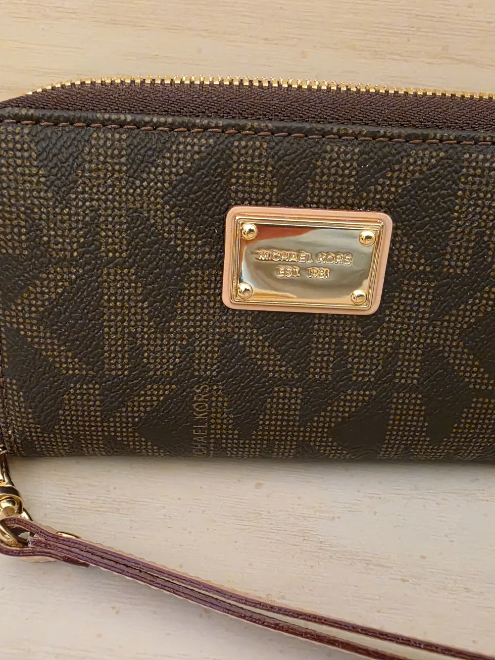 MICHAEL KORS Dark Brown Logo Zip Wristlet with Gold Interior